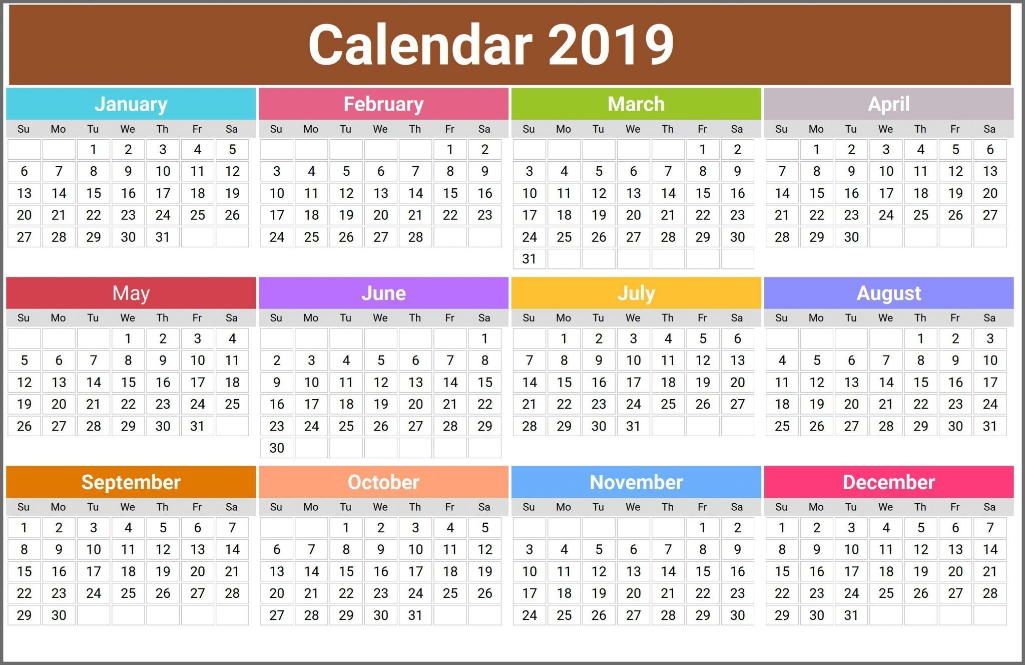 12 Month Calendar In One Page | Top 10 Free 2019 Calendar Printable 1 Calendar Month From Today