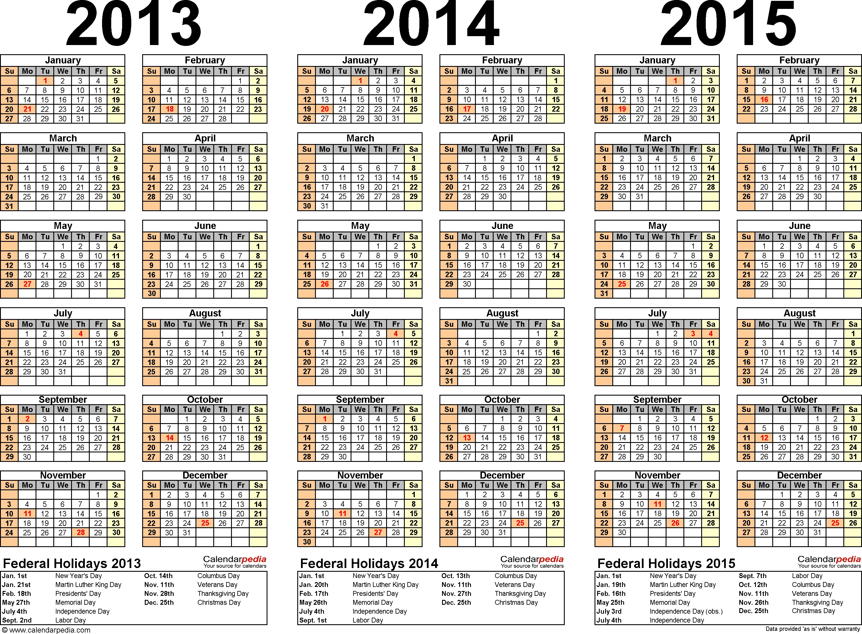 2013/2014/2015 Calendar - 2 Three-Year Printable Pdf Calendars 3 Year Calendar Template