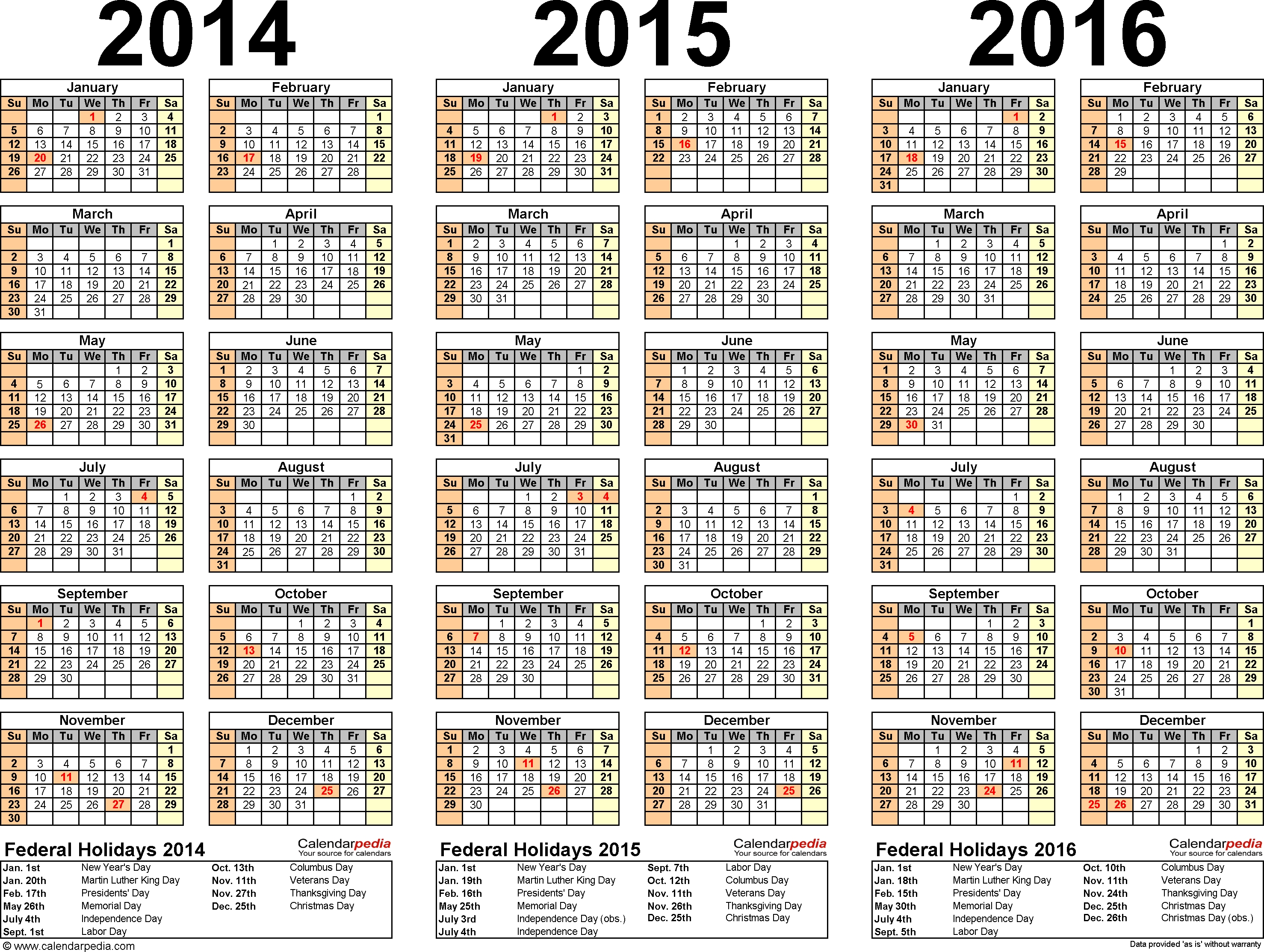 2014/2015/2016 Calendar - 4 Three-Year Printable Excel Calendars 4 Year Calendar Template