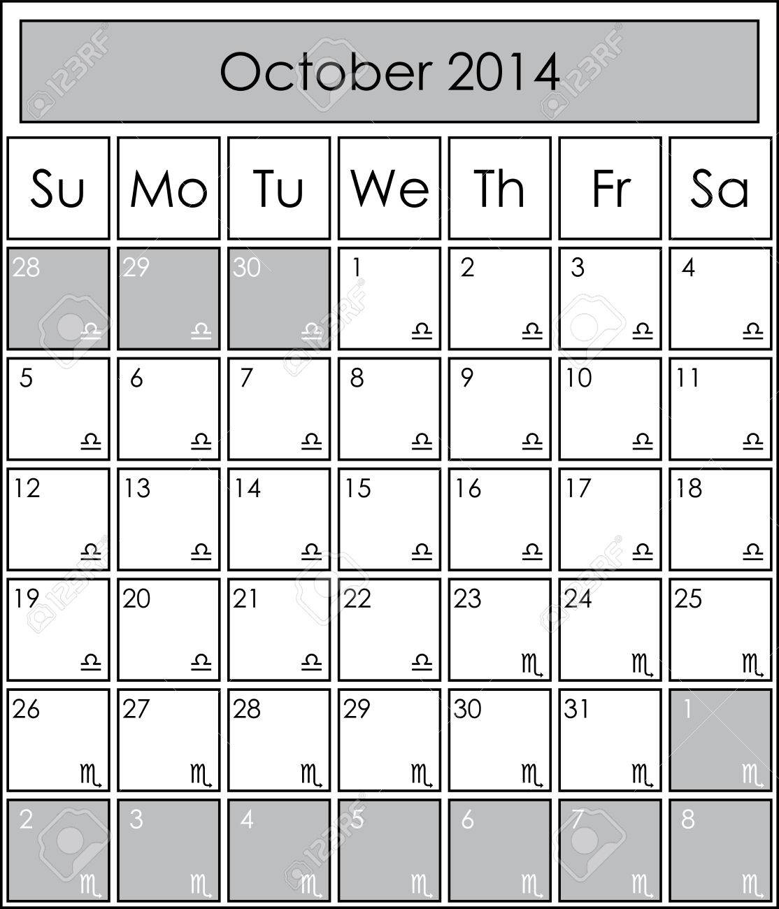 2014 Calendar Monthly, October, With Zodiac Signs Royalty Free Zodiac Calendar For October