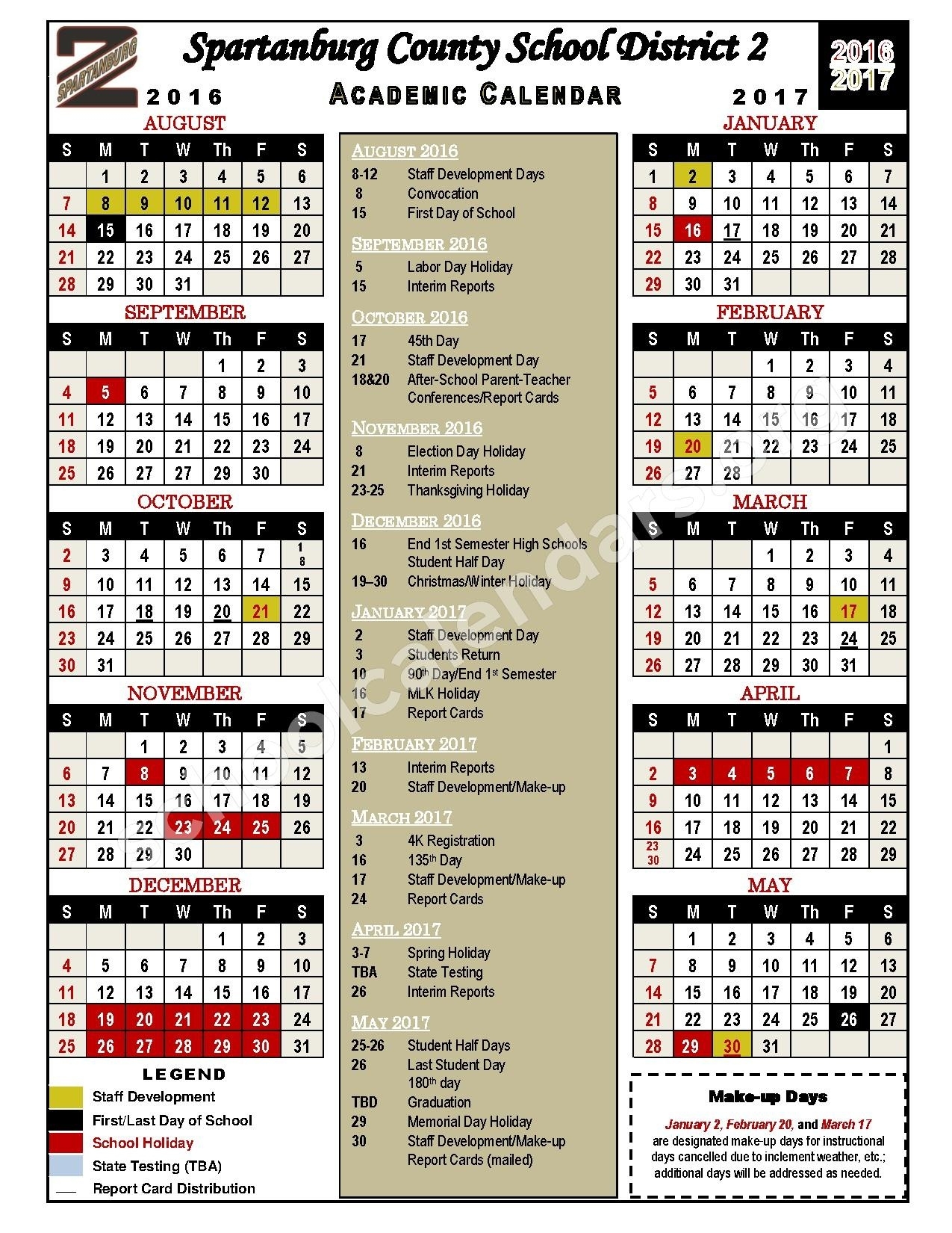 2016 - 2017 Academic Calendar | Spartanburg School District 2 Incredible District 2 School Calendar