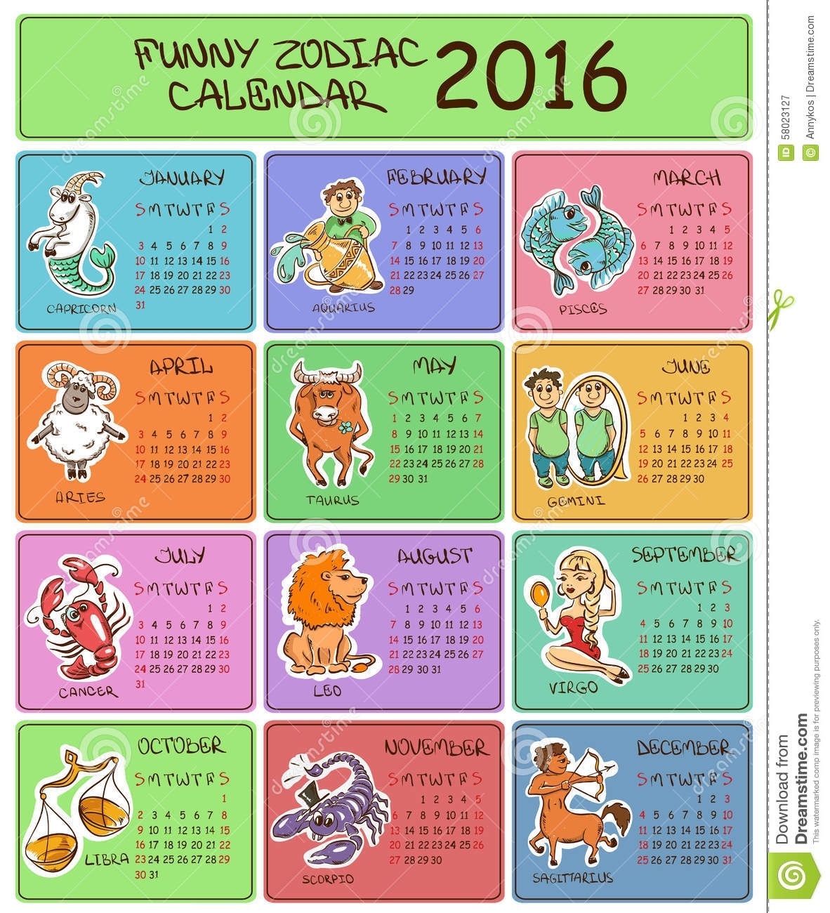 2016 Calendar Template With Zodiac Signs. Stock Vector Calendar For Zodiac Signs