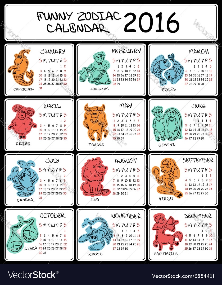 2016 Calendar Template With Zodiac Signs Vector Image Calendar For Zodiac Signs