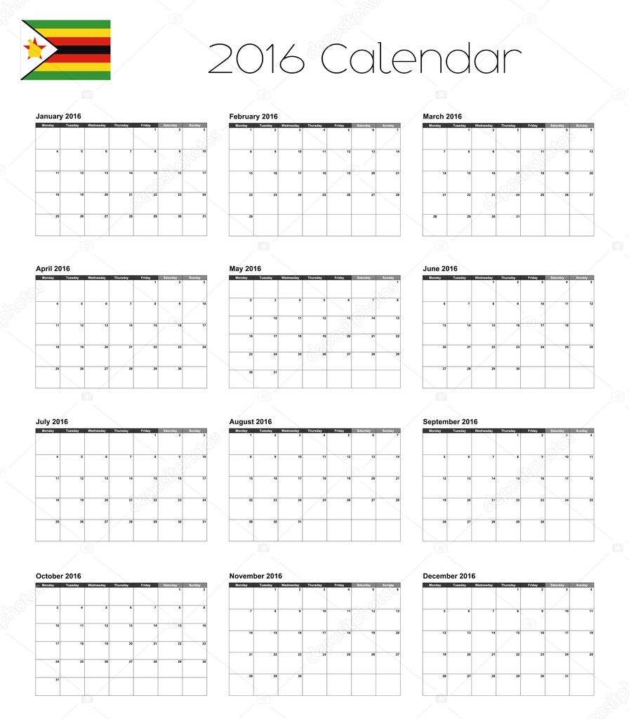 2016 Calendar With The Flag Of Zimbabwe — Stock Vector Calendar Printing In Zimbabwe