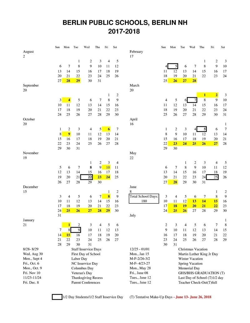 2017-2018 Approved Calendar Sau 9 School Calendar