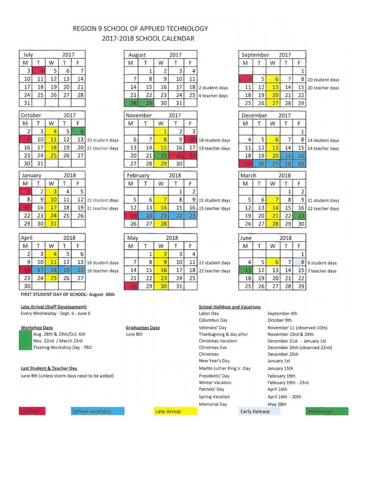 2017 -2018 Region 9 School Calendar Region 1 School Calendar