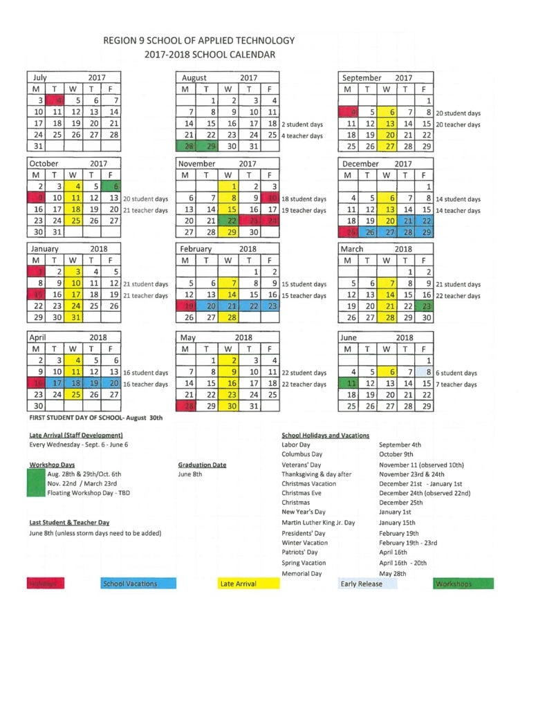 2017 -2018 Region 9 School Calendar Region 6 School Calendar