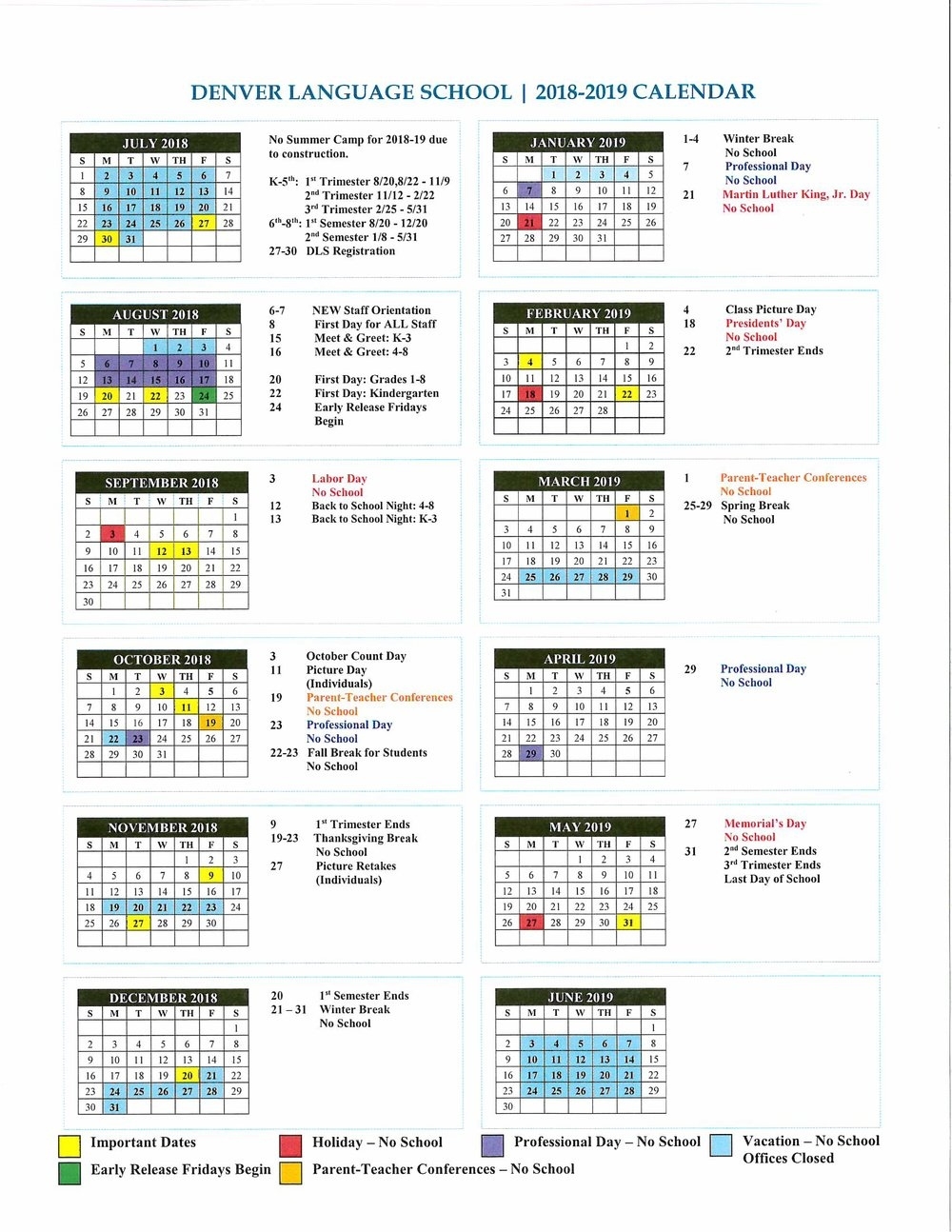 2018-19 Calendar And Bell Schedule — Language Immersion School Perky K International School Calendar