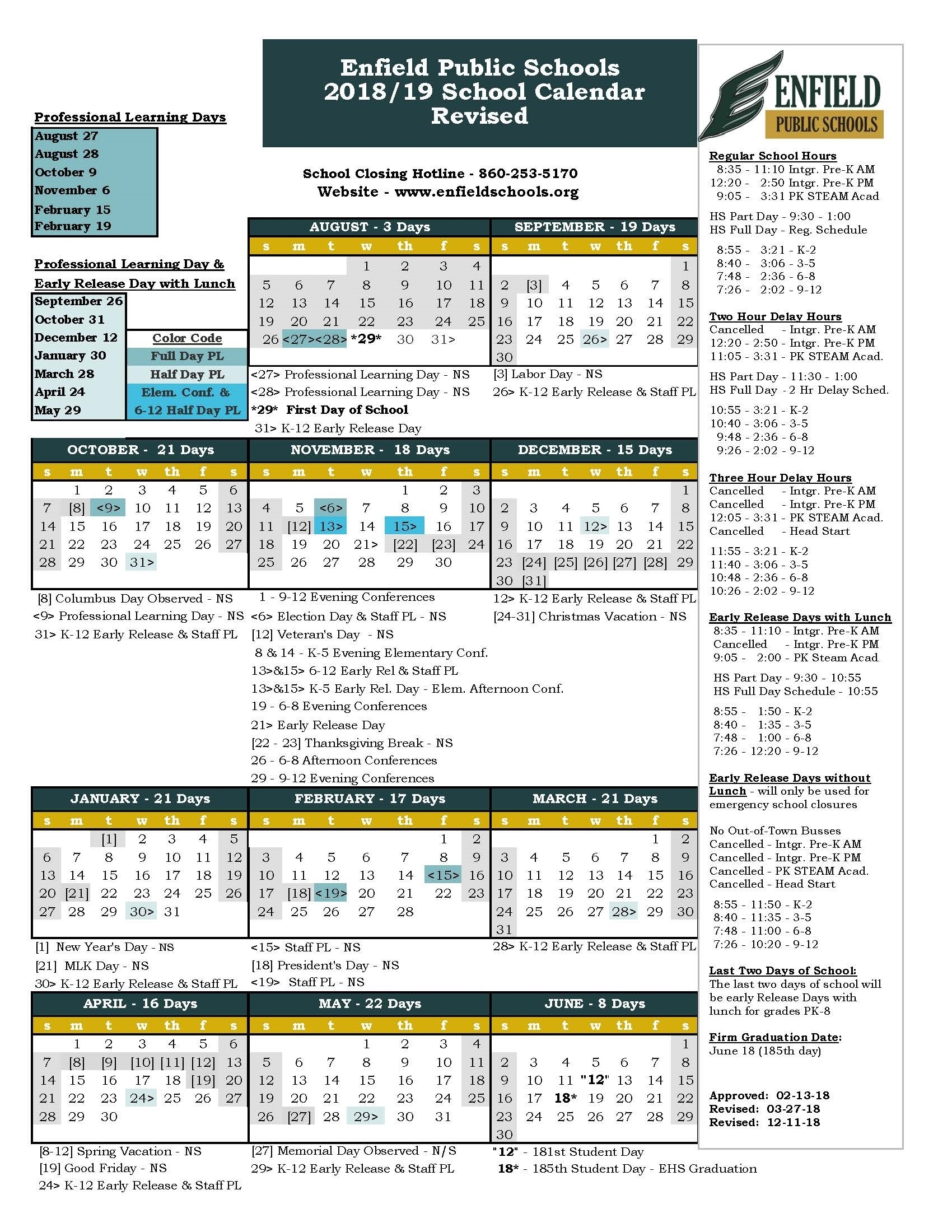 2018-19 School Calendar - Revised - Enfield Public Schools Ps 8 School Calendar