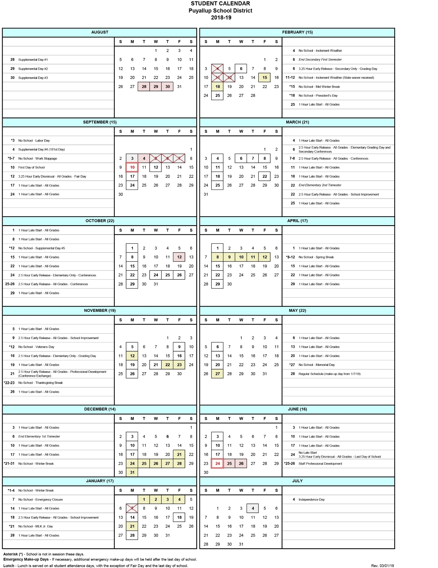 2018-19 Student Calendar Revision - Puyallup School District Region 1 School Calendar