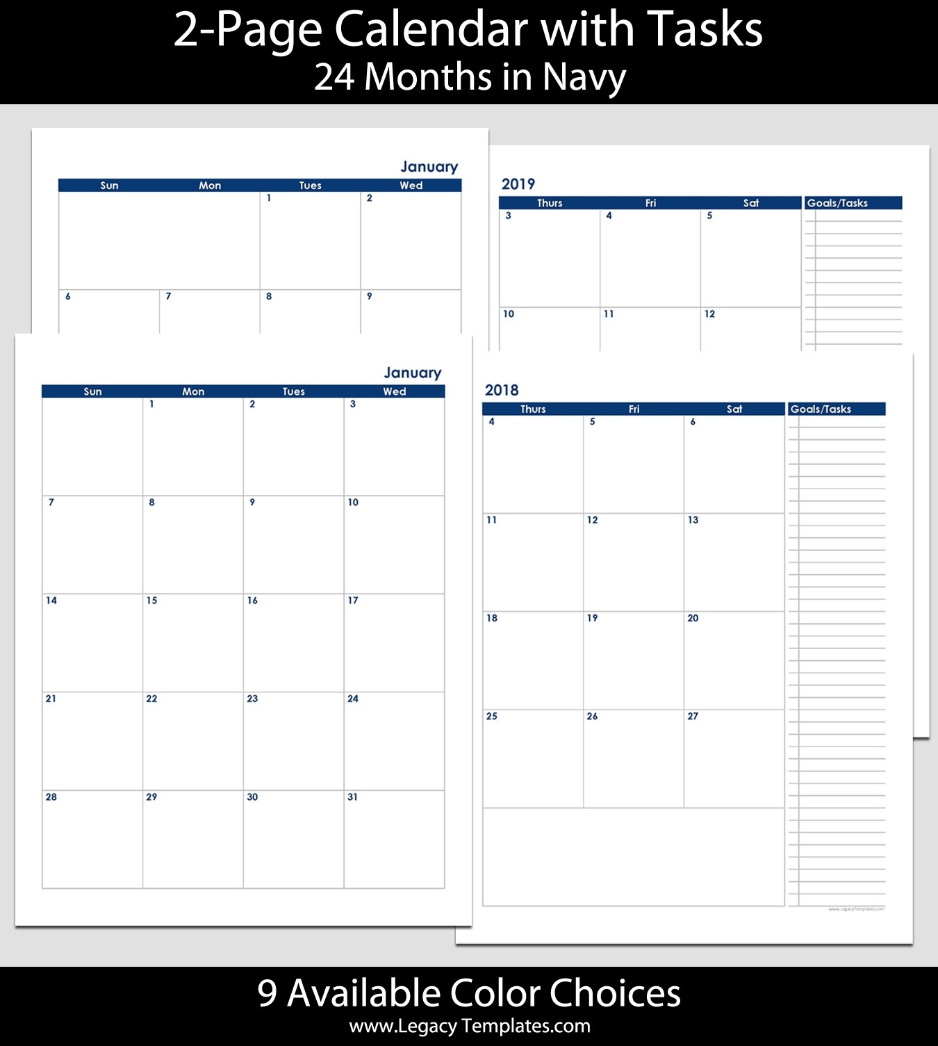 2018 &amp; 2019 24-Month 2-Page Calendar – 8 1/2″ X 11″ | Legacy Templates Monthly Calendar 8.5 X 11