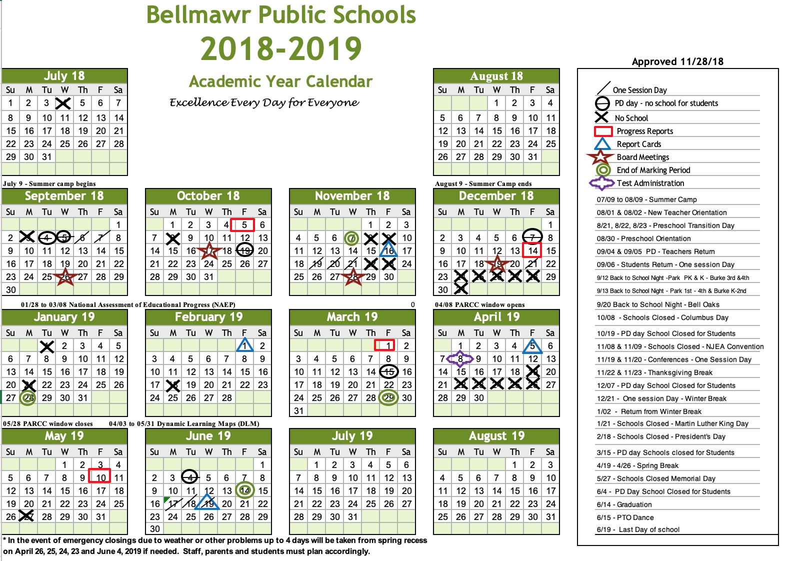 2018 - 2019 Calendar - Bellmawr Public School District Perky Anderson 2 School Calendar