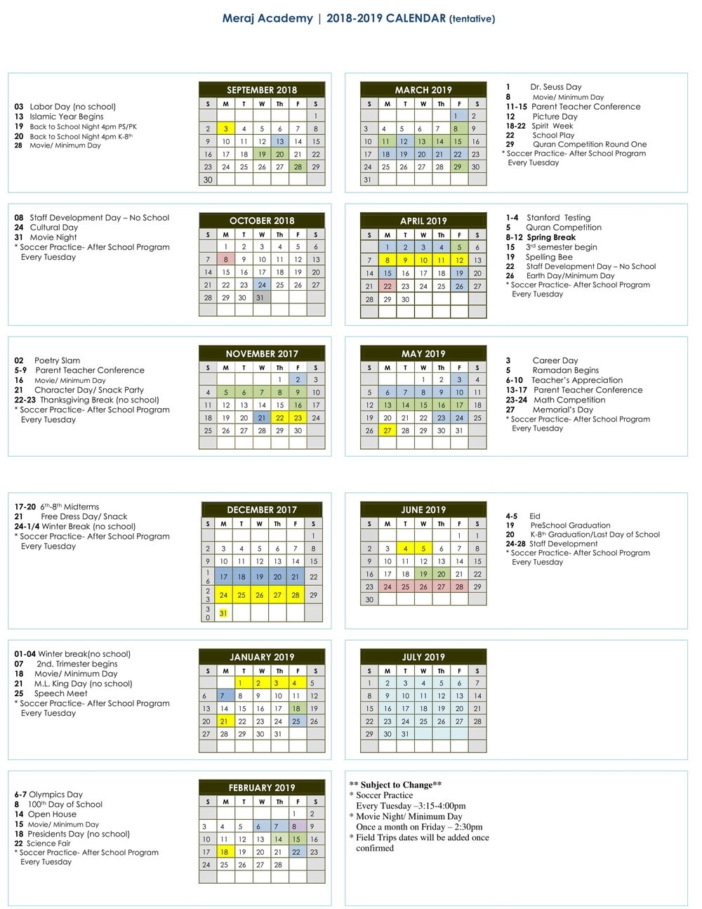 2018-2019 Calendar — Meraj Academy Exceptional Ps 8 School Calendar
