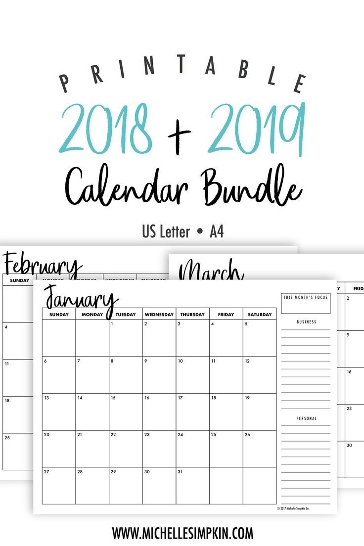 2018 2019 Calendar, Monthly Calendar, Printable Calendar, 2018 7 X 10 Monthly Calendar