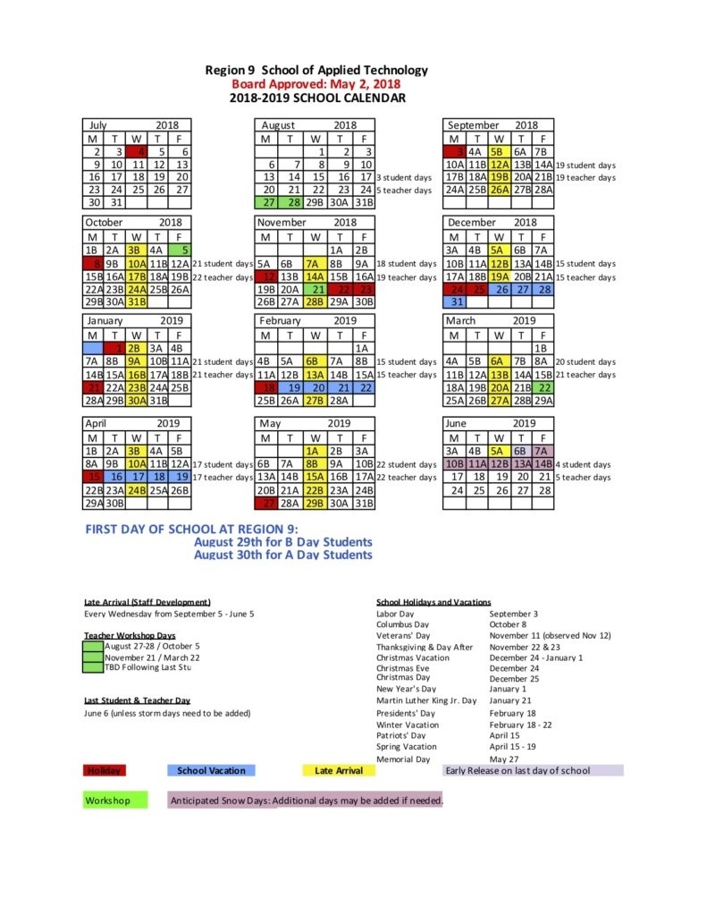 2018-2019 School Calendar Region 6 School Calendar