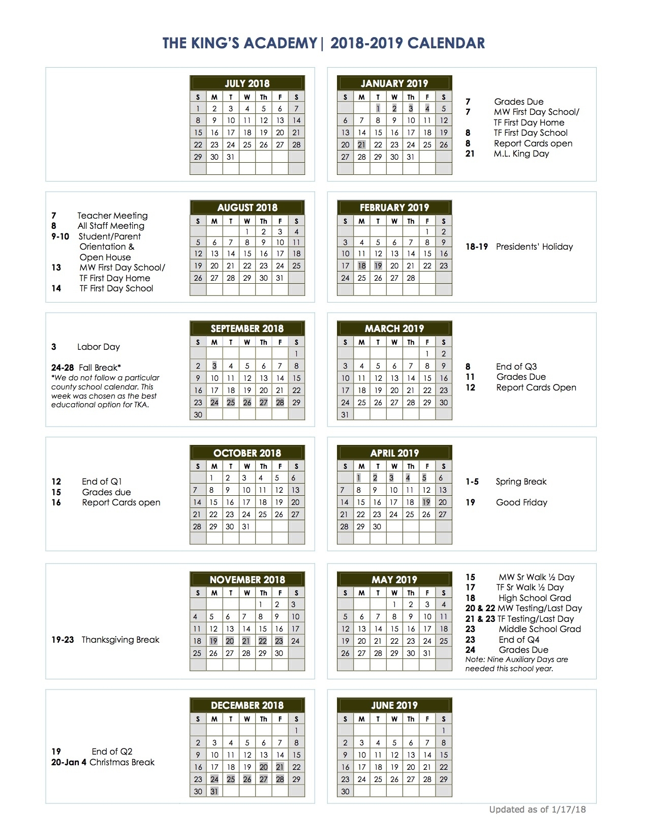 2018-2019 School Calendar - The King&#039;s Academy Impressive School Calendar Vancouver Wa