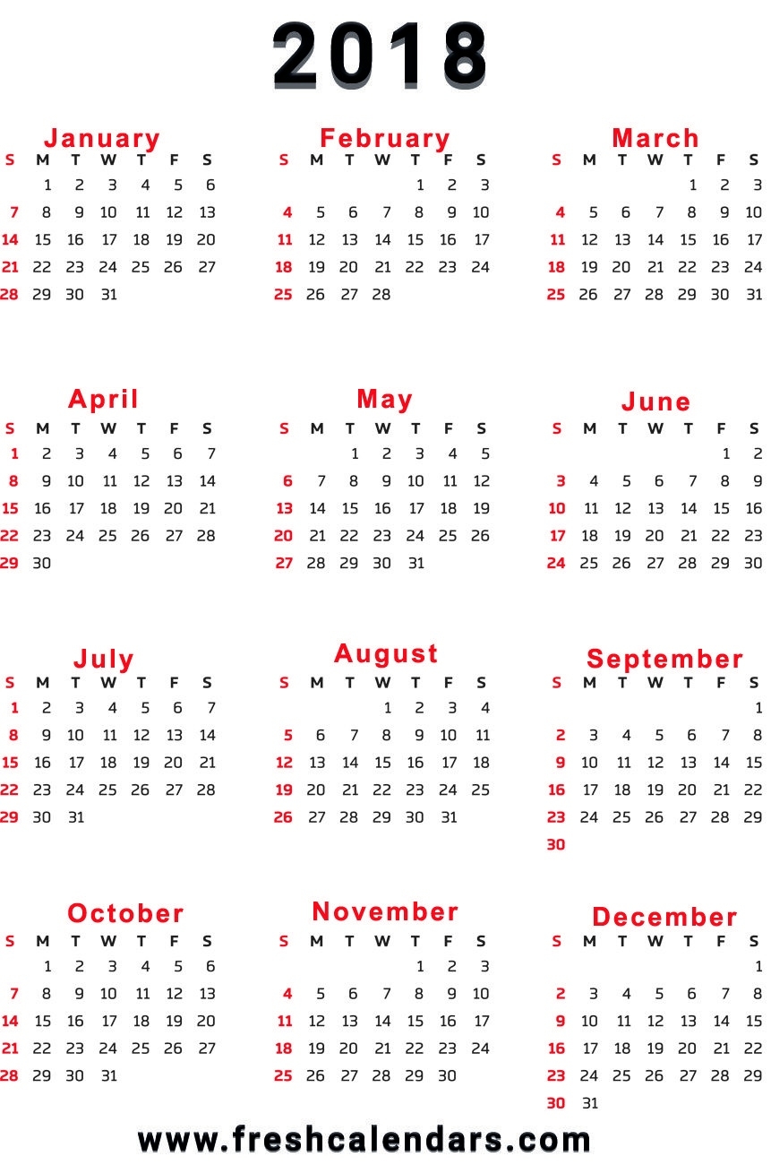 2018 Calendar 4 Calendar Months On One Page