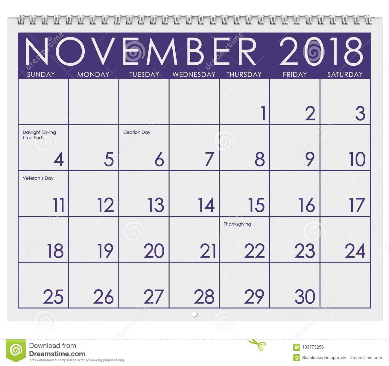 2018: Calendar: Month Of November With Thanksgiving Stock Calendar Month In Year