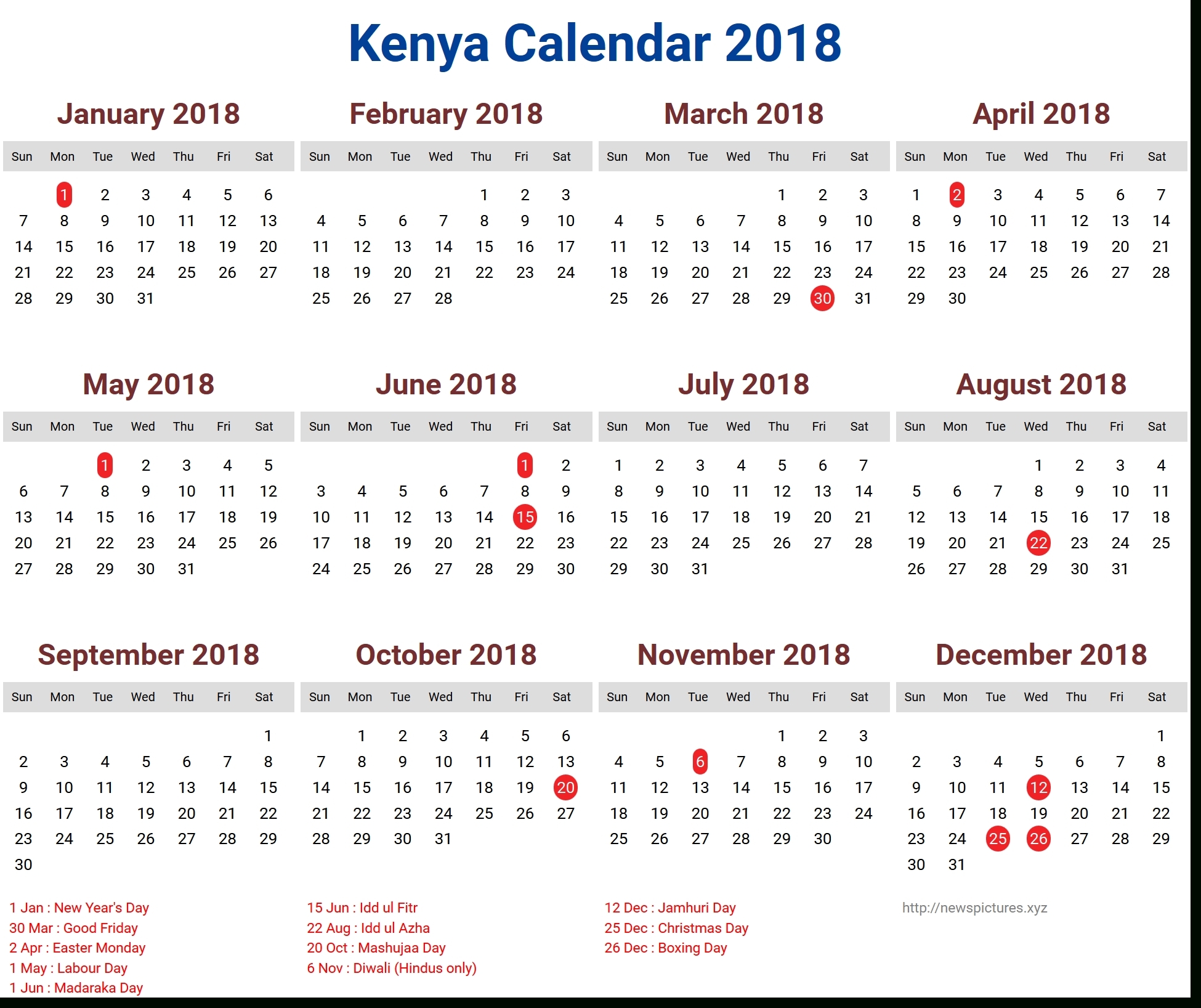 2018 Calendar With Kenya Holidays – Template Calendar Design Calendar Holidays In Kenya