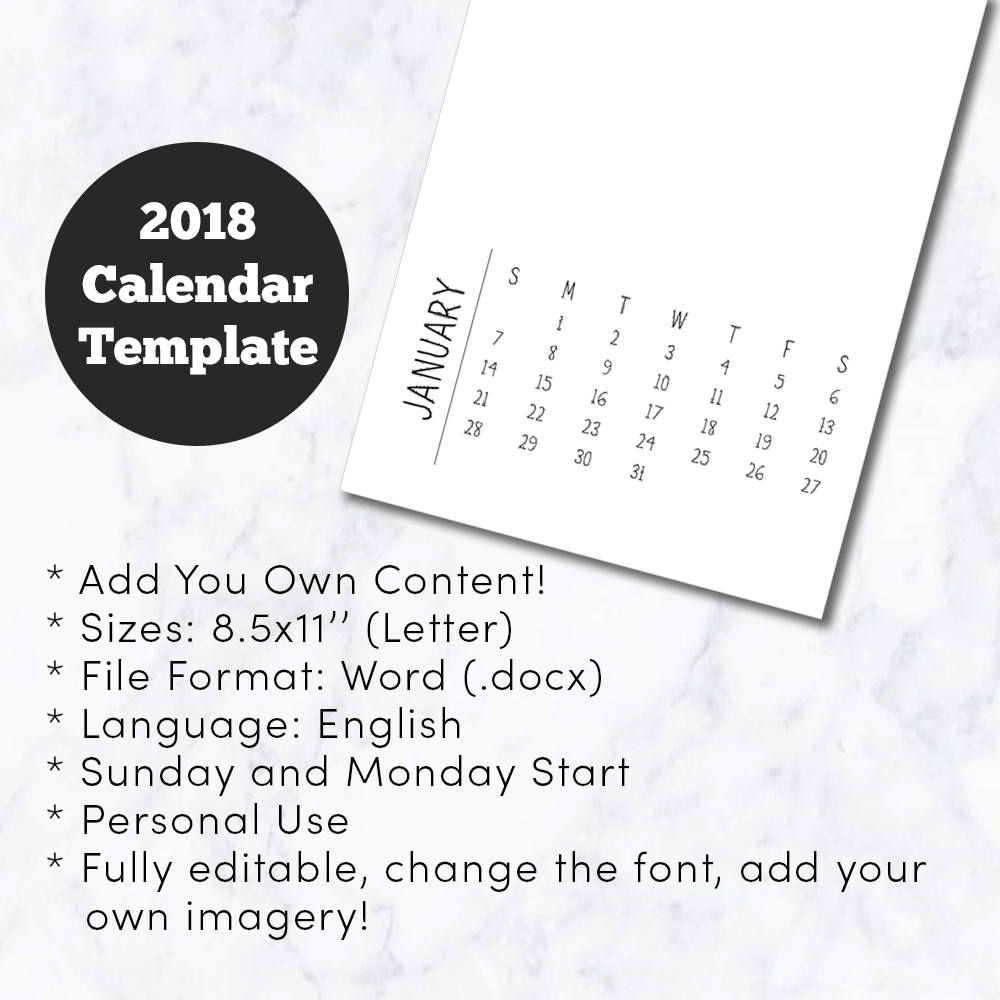 2018 Digital Download Calendar Template Use Your Own Font | Etsy Calendar Template Add Your Own Photos