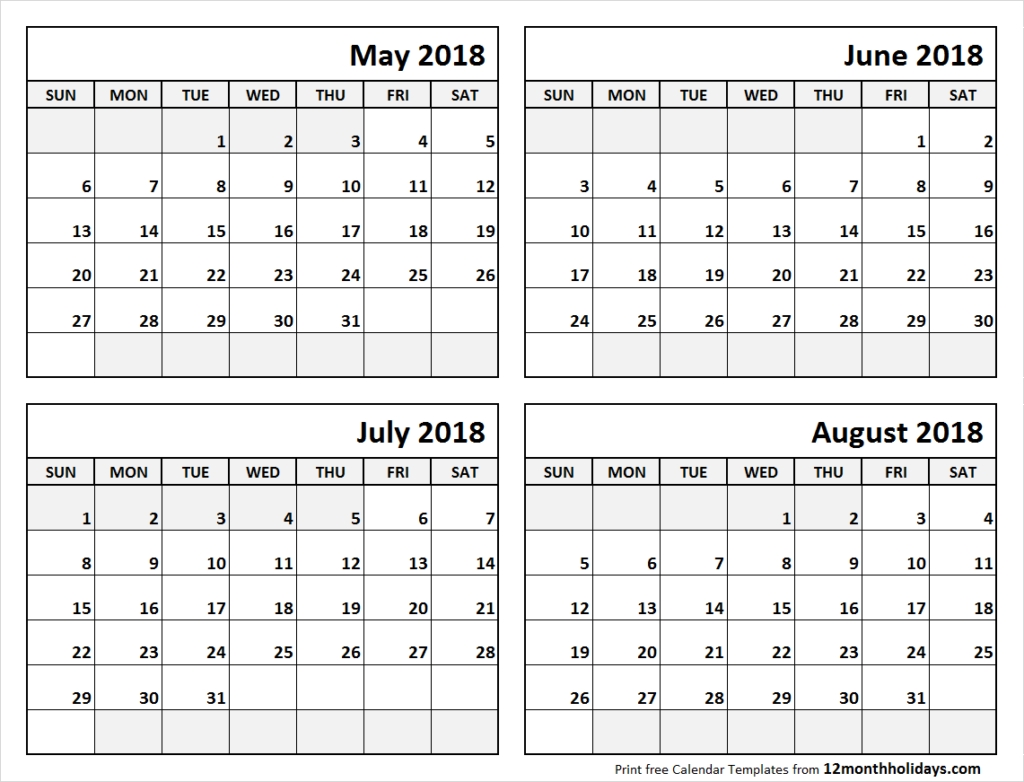 2018 Four Month Calendar Template | Thegioithamdep 4 Monthly Calendar Template