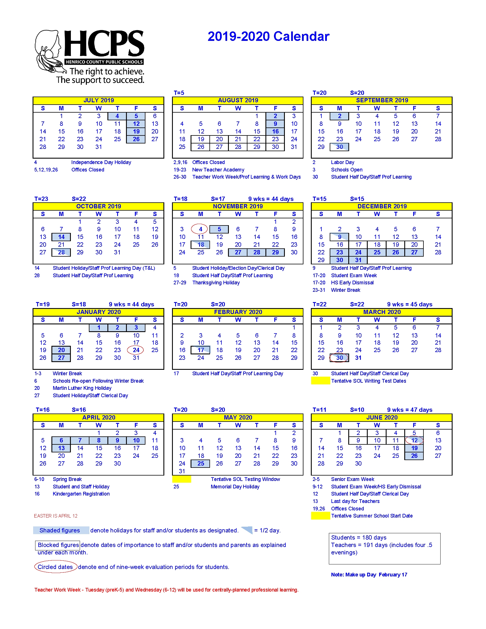 2019-20 Henrico County Public Schools Calendar – Approved – Henrico Exceptional 9 Week School Calendar