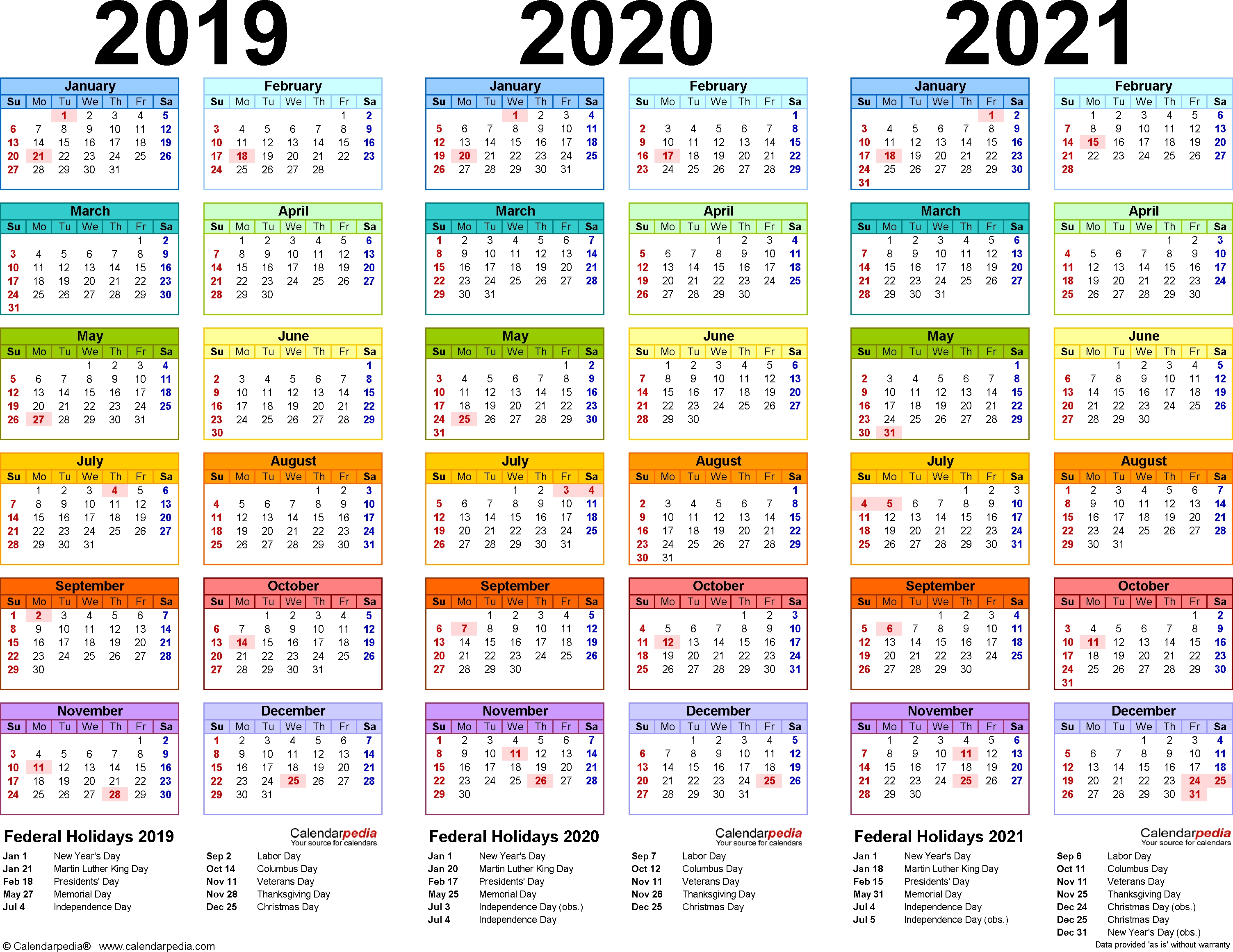 2019/2020/2021 Calendar - 4 Three-Year Printable Pdf Calendars 3 Year Calendar Template