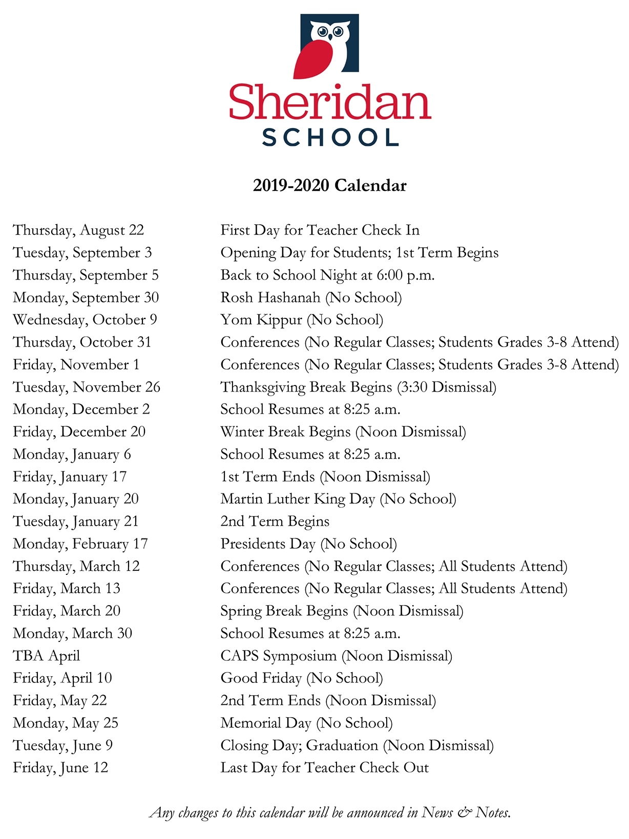 2019-2020 Calendar - Sheridan School November 3 2020 Calendar