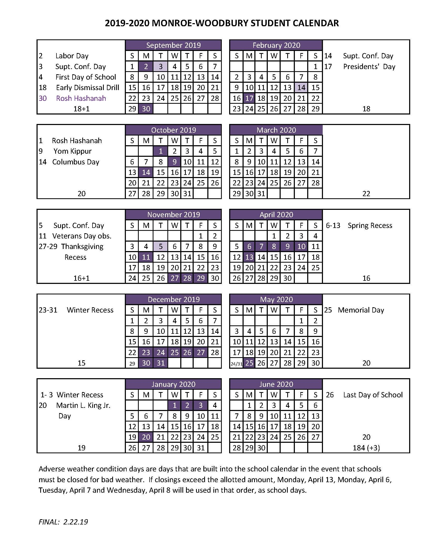 2019-2020 Student Calendar | Monroe-Woodbury Central School District Perky Boces 2 School Calendar