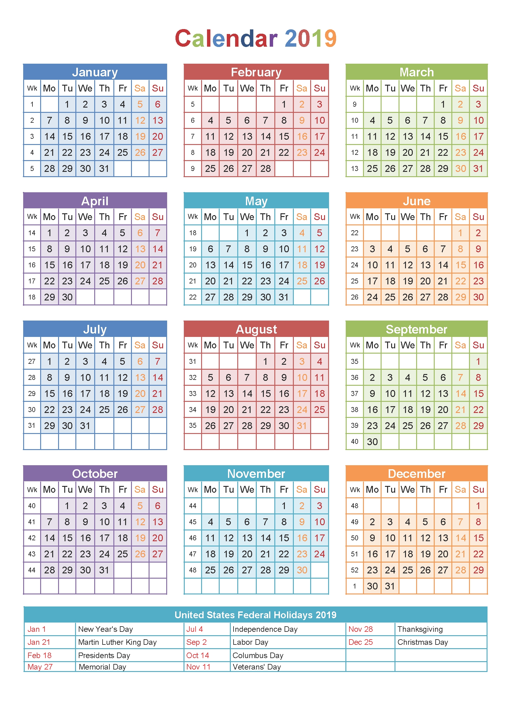 2019 Calendar Printable Free Templates – Printable Calendar 2019 Blank Calendar With Holidays