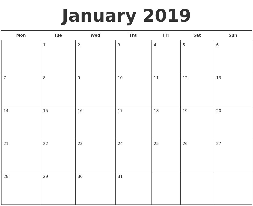 2019 Calendar Template Printable Month Calendarjanuary 2019 Calendar Free Printable Calendar Templates Excel
