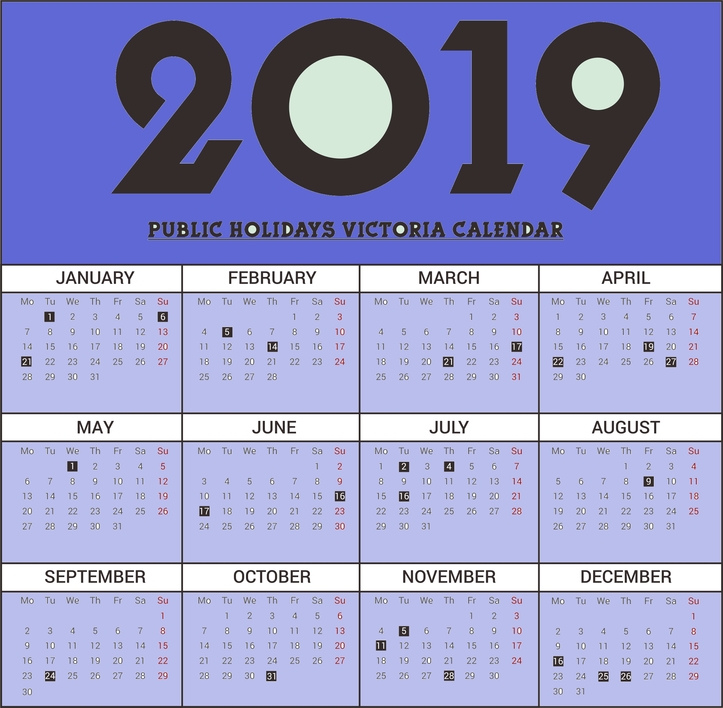 2019 Calendar Victoria With Public Holiday Printable Download August Calendar Public Holidays Australia