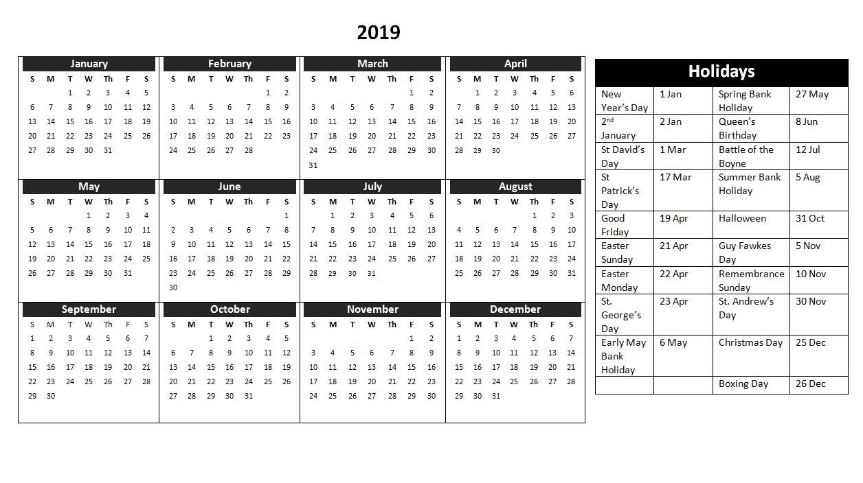 2019 Holiday Calendar Uk | Yearly Calendar In One Page | Holiday 3 Month Calendar Uk