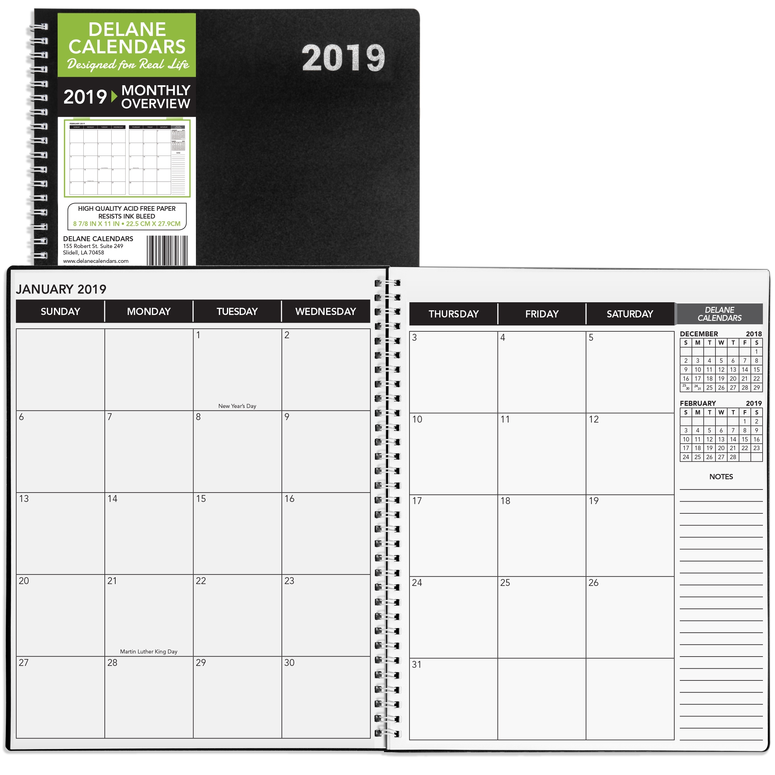 2019 Monthly Daily Planner Calendar / Appointment Book, Black Cover Monthly Calendar 8.5 X 11