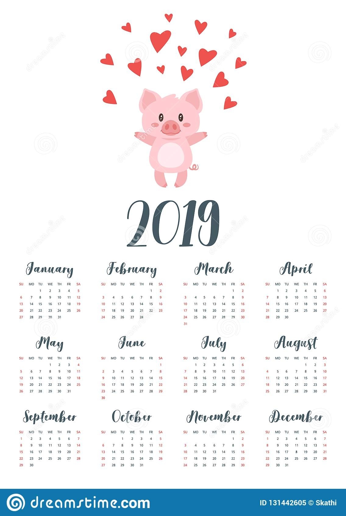 2019 Pig Year Monthly Calendar Stock Vector - Illustration Of Piglet Calendar Printing One Page