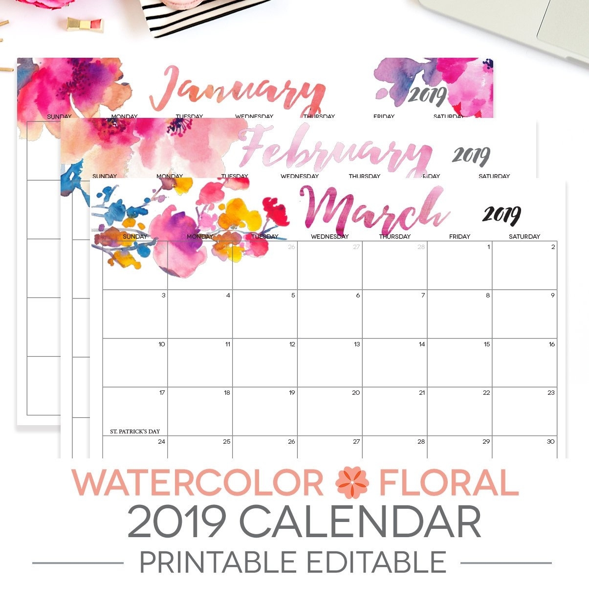 2019 Printable Calendar Editable 12 Month Letter Size | Etsy Monthly Calendar 8.5 X 11
