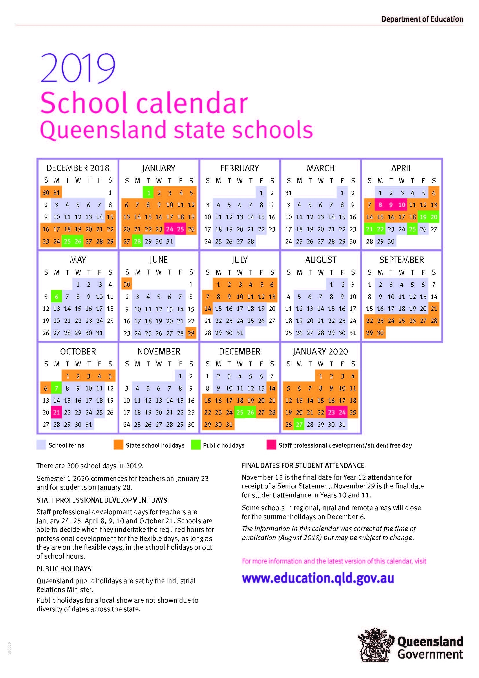 2019 Queensland State School Calendar Calendar School Holidays Queensland