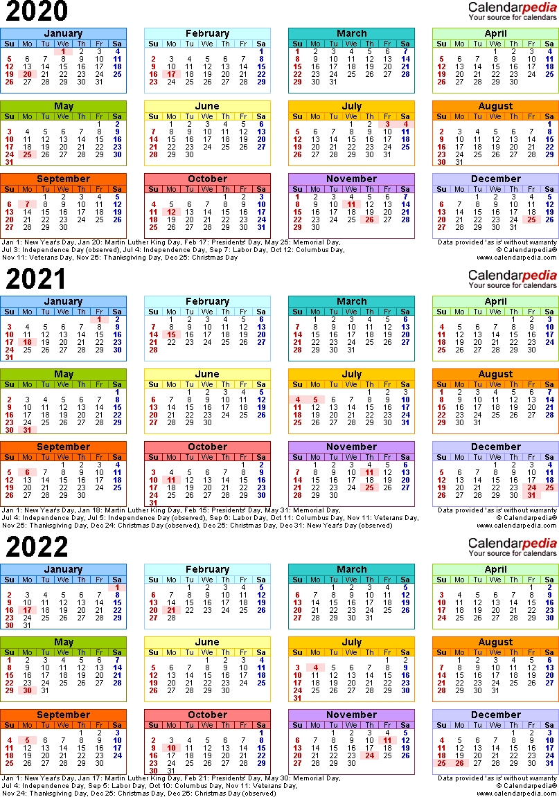 2020/2021/2022 Calendar - 4 Three-Year Printable Pdf Calendars Dashing 3 Year Calendar 2020 To 2022