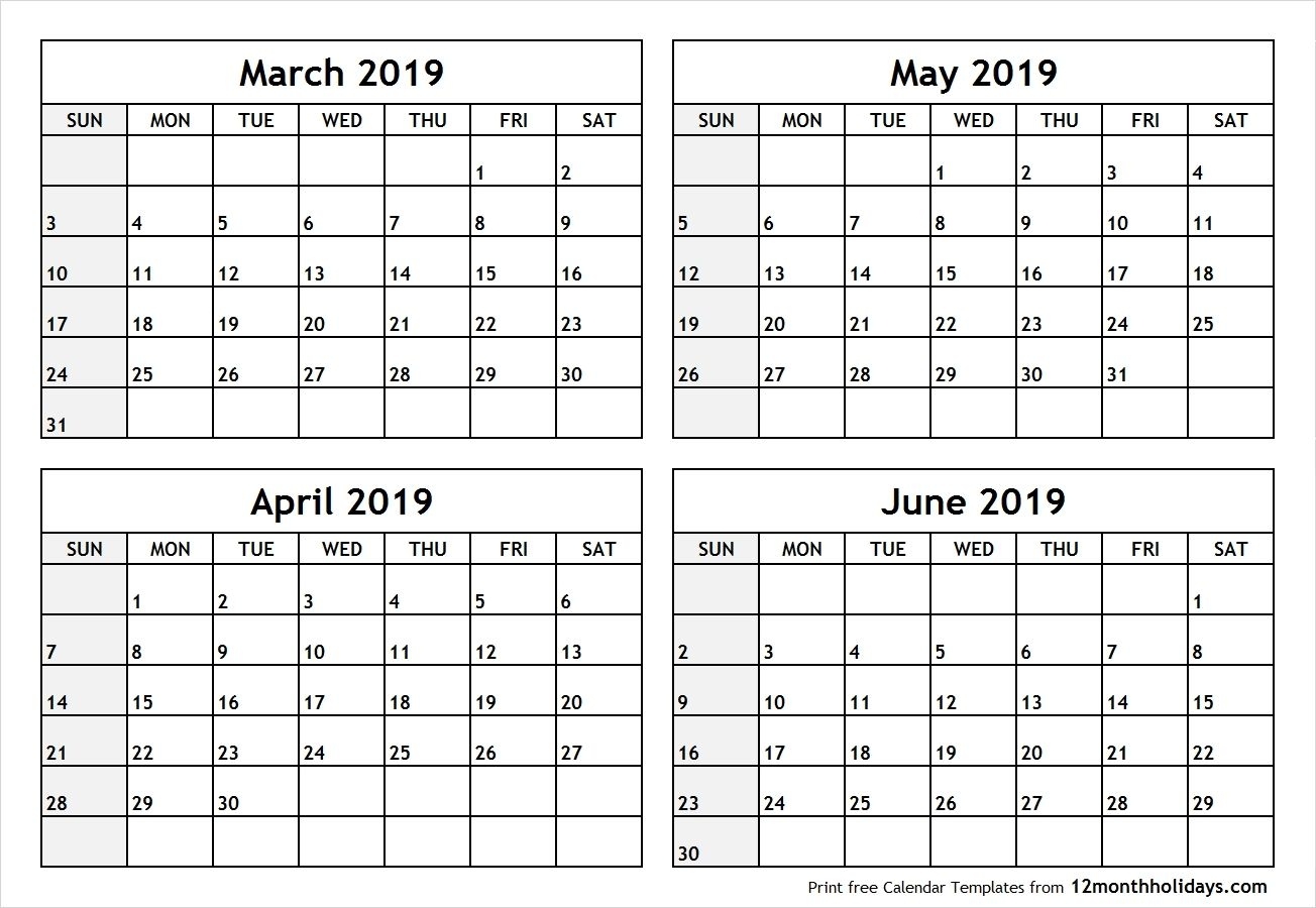 4 Month Blank Calendar 2019 March April May June #april #may #june Printable 4 Month Calendar On One Page