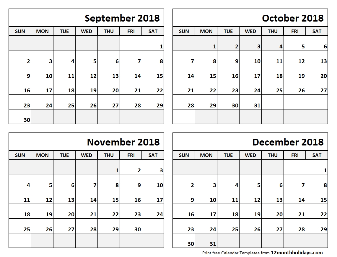 4 Month Calendar September To December 2018 | Calendars 4 Month Free Printable Calendar