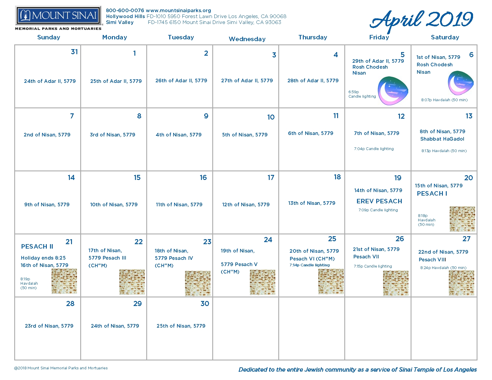 5779 Hebrew Calendar - Mount Sinai Memorial Parks And Mortuaries Jewish Calendar 8Th Month