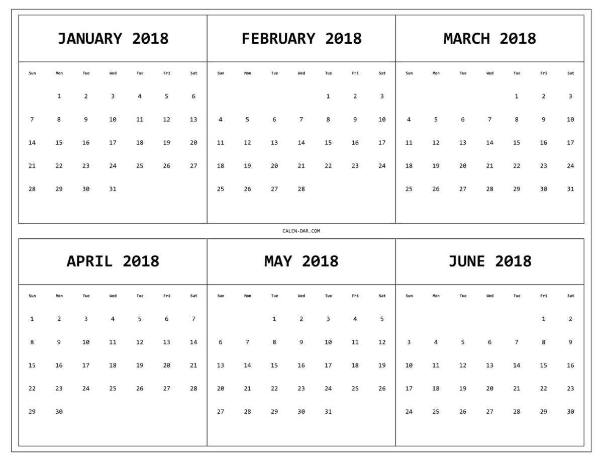 6 Month One Page Printable Calendar 2018 | Maxcalendars | Pinterest Print Calendar 6 Months