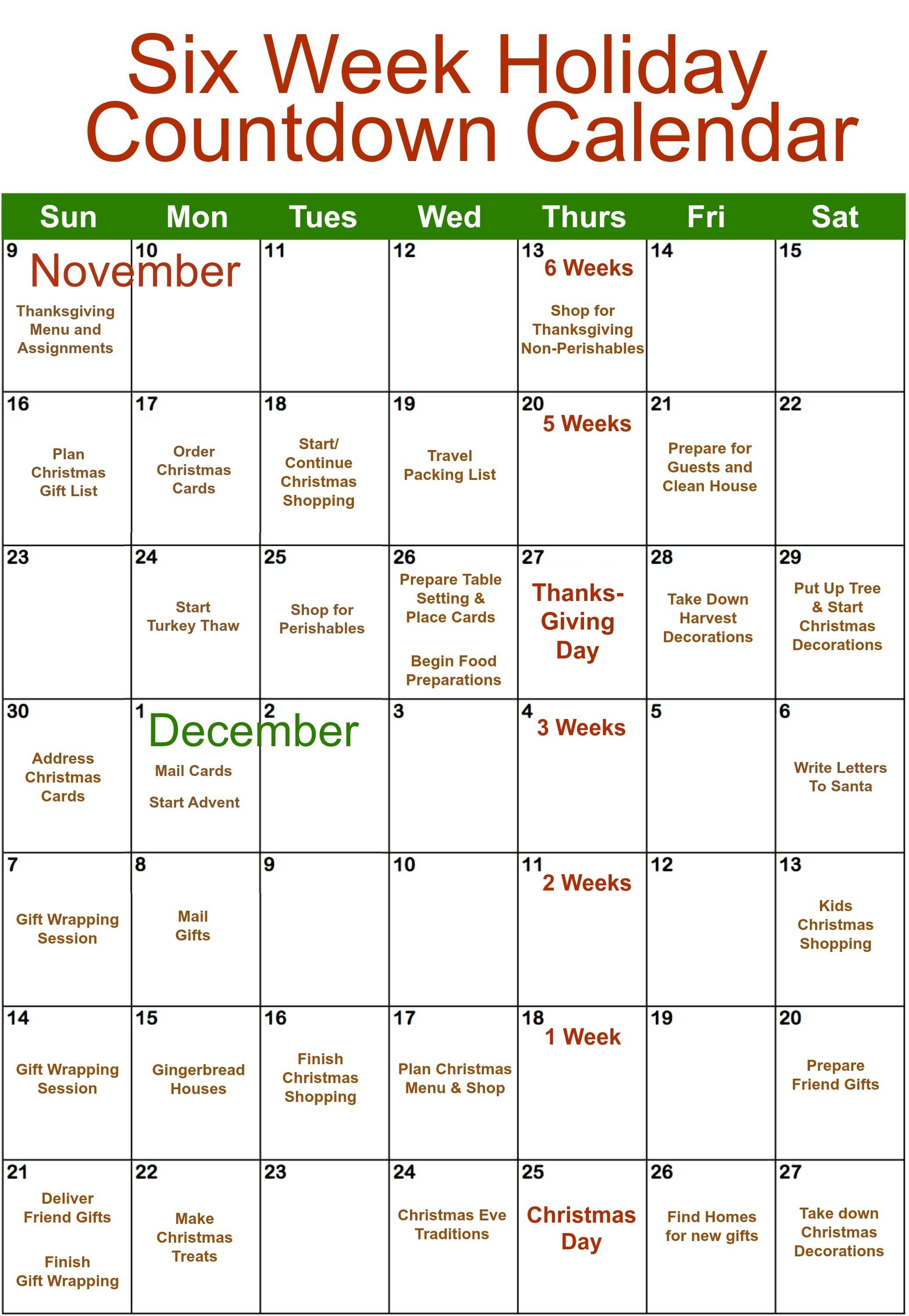 6 Week Holiday Organizing | Falling In Love With Fall | Holiday Countdown Calendar In Weeks