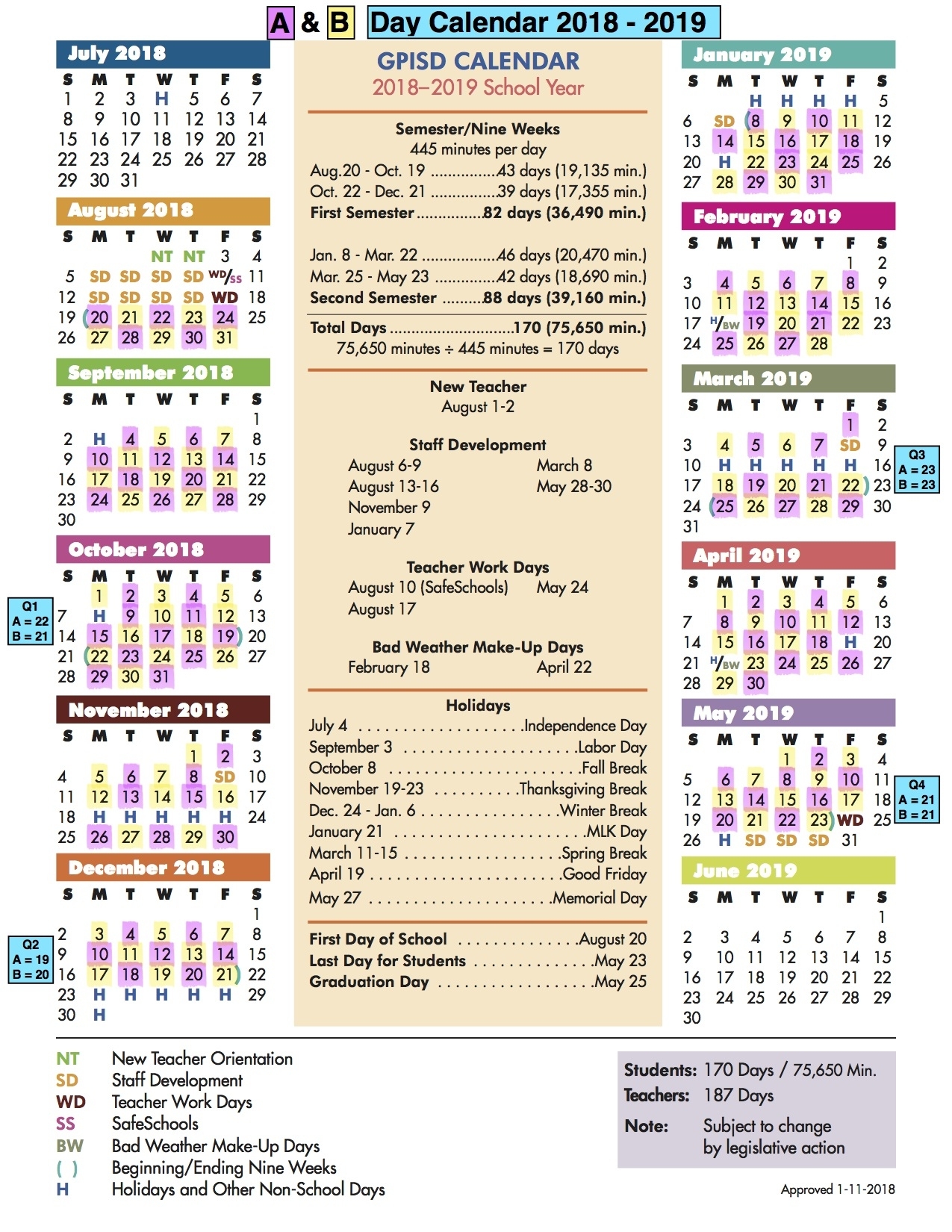 A/b Calendar / A/b Day Calendar B Gale Wilson School Calendar