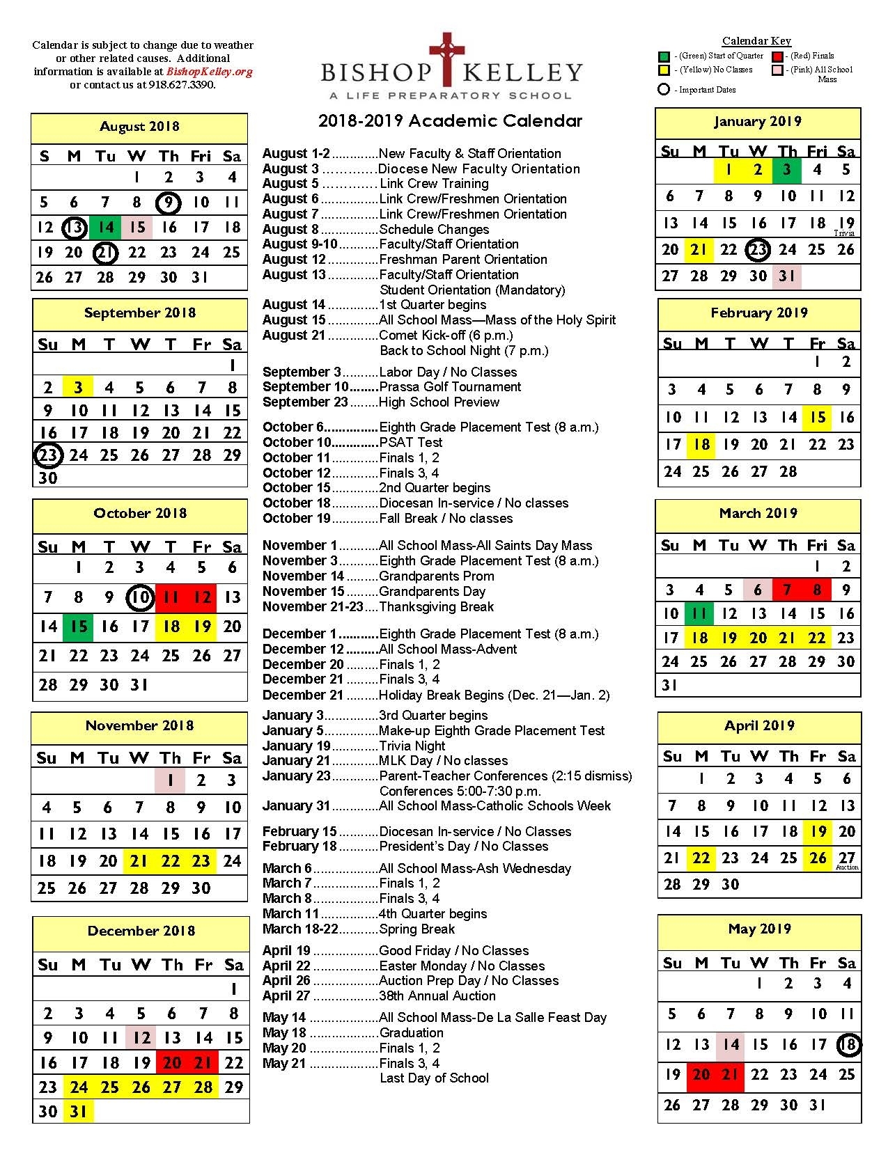 Academic Calendar | Bishop Kelley Tri C School Calendar