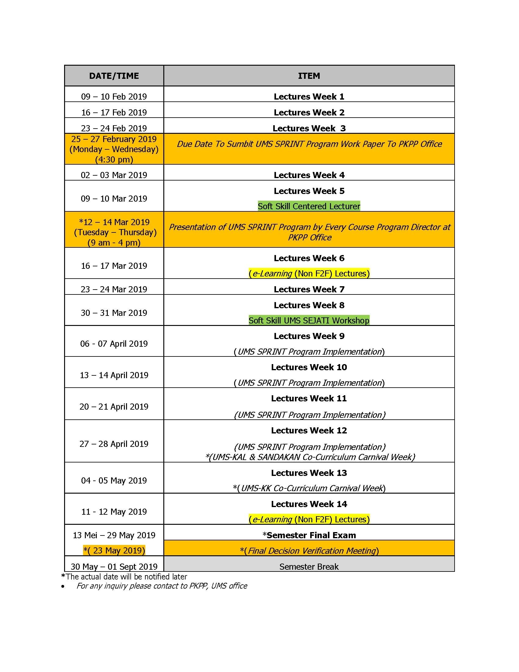 Academic Calendar Calendar Printing Kota Kinabalu