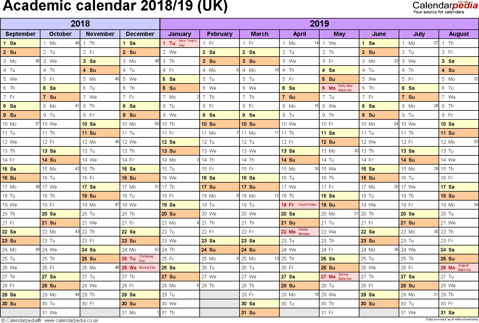 Academic Calendars 2018/2019 As Free Printable Word Templates Monthly Calendar Academic Year