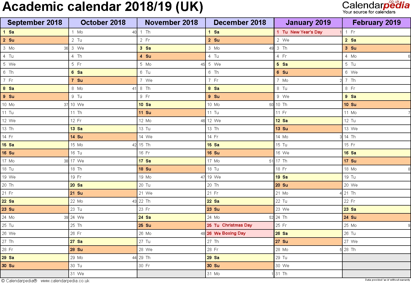 Academic Calendars 2018/2019 As Free Printable Word Templates Monthly Calendar Academic Year