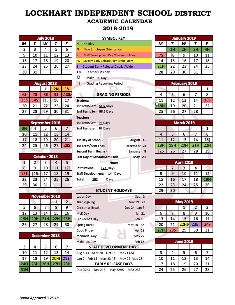Academic Calendars - Lockhart Independent School District School Calendar Texas State