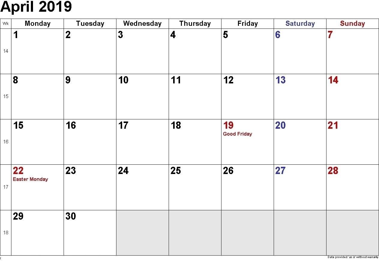 April 2019 Printable Calendar Templates - Free Blank, Holidays Free Calendar With Holidays